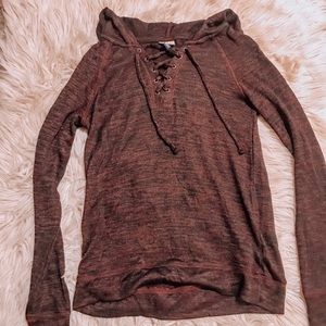 Lace up hooded heathered red long sleeve